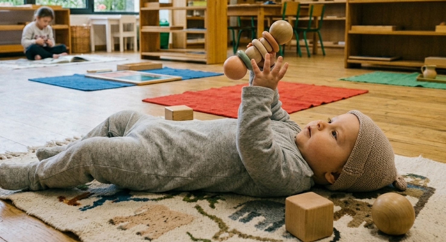 Bébé explorant librement des objets naturels sur un tapis au sol