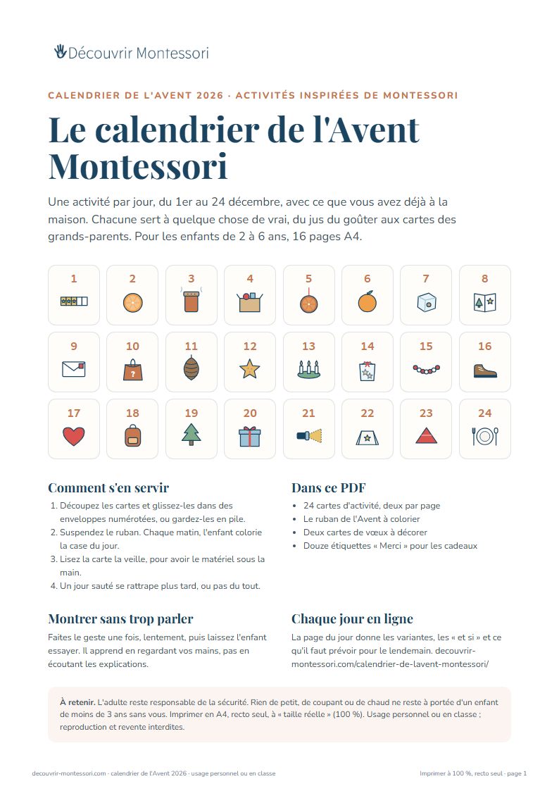 Première page du calendrier de l'Avent Montessori à imprimer, avec les 24 cases