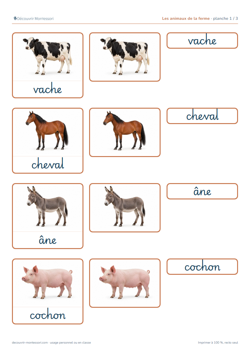 Première planche des cartes des animaux de la ferme en cursive : vache, cheval, âne et cochon