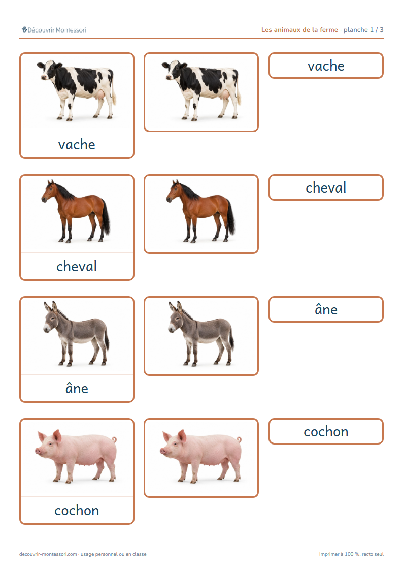 Première planche des cartes des animaux de la ferme en script