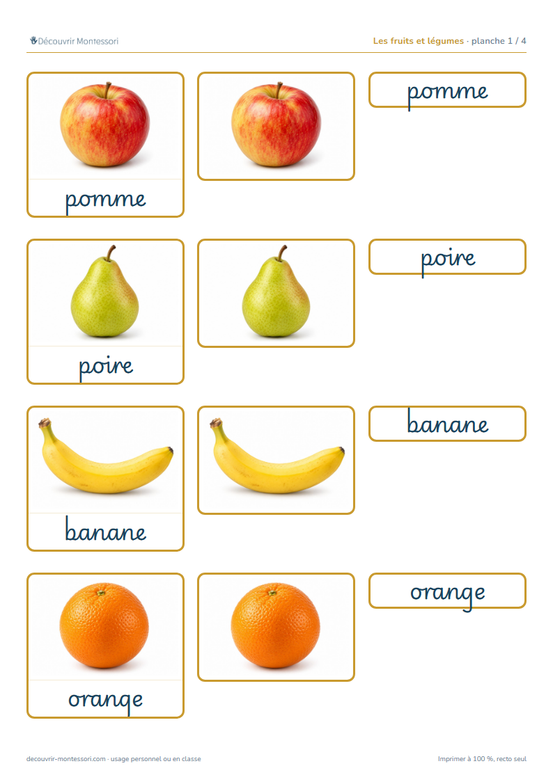 Première planche des cartes des fruits et légumes en cursive : pomme, poire, banane et orange