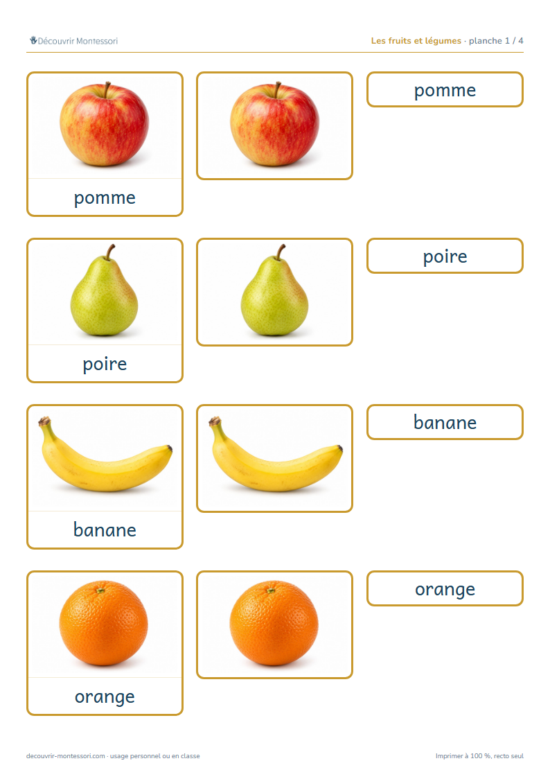 Première planche des cartes des fruits et légumes en script