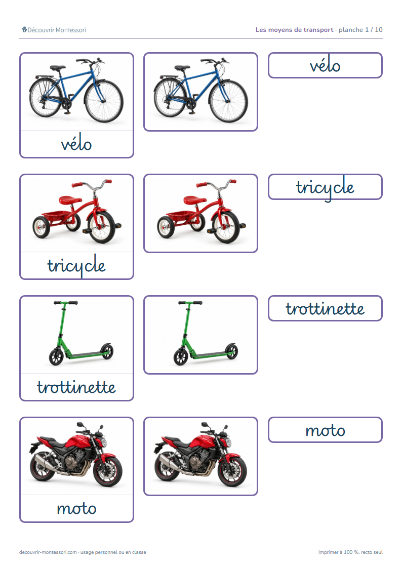 Première planche des cartes des moyens de transport en cursive : vélo, tricycle, trottinette et moto