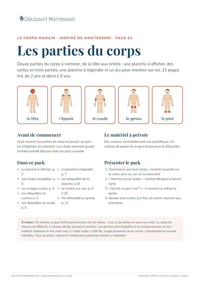 Première page du pack « Les parties du corps »