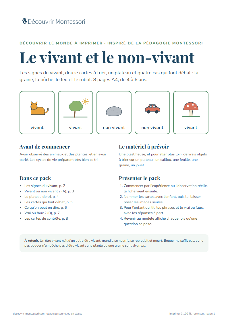 Première page du pack « Le vivant et le non-vivant »