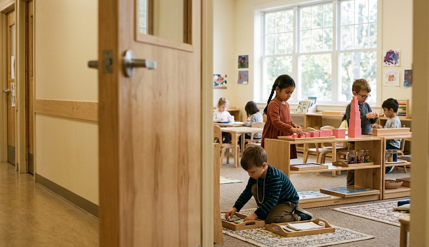 Classe Montessori équipée de tables et de chaises en bois à hauteur d'enfant
