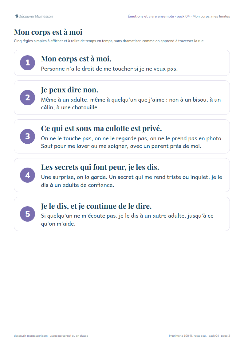 Les cinq règles de « mon corps est à moi », numérotées, avec une phrase d'explication pour chacune