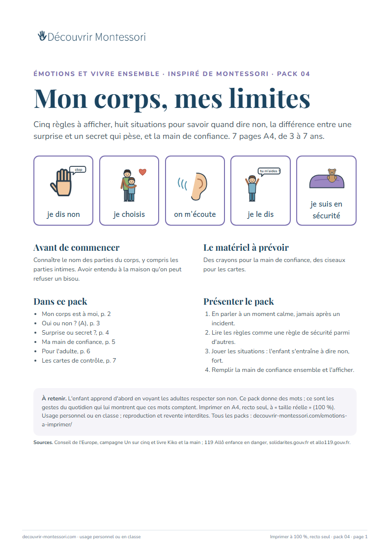 Première page du pack « Mon corps, mes limites »