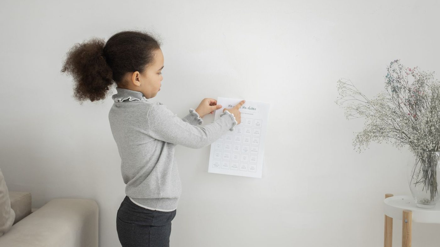 Une enfant pointe une case sur un calendrier affiché au mur, à sa hauteur