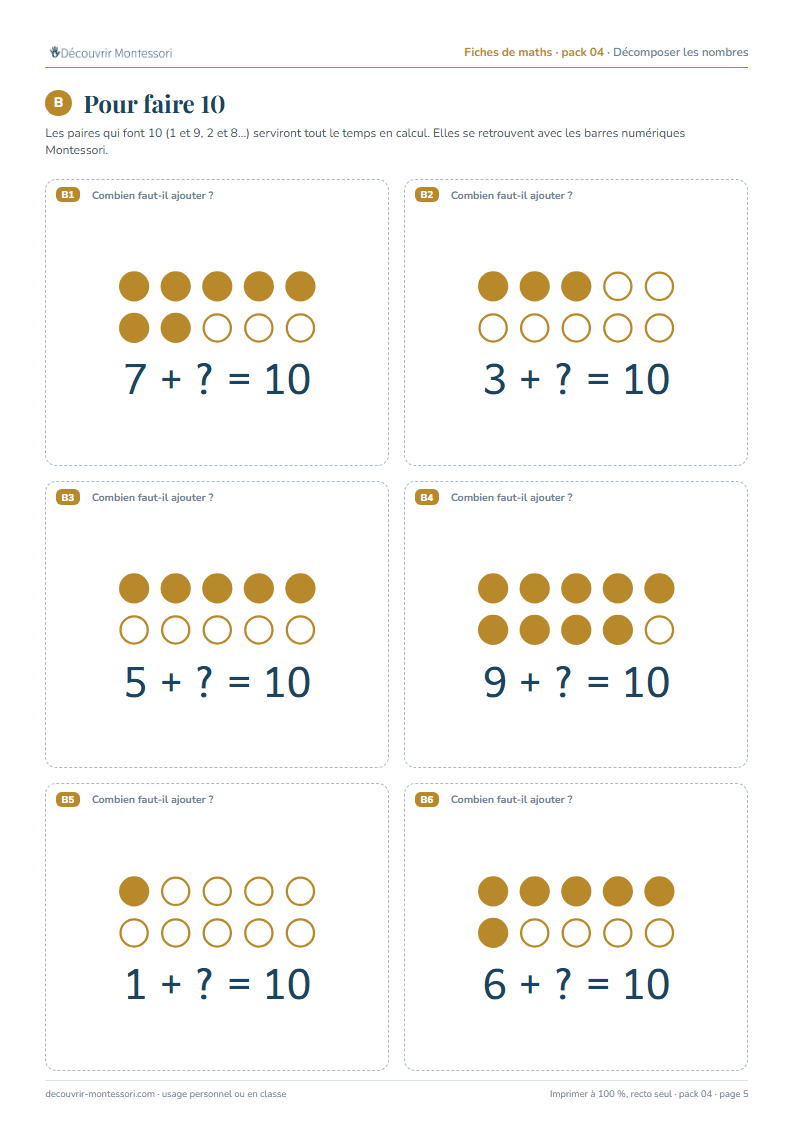 Une page du pack 04 : six cartes « pour faire 10 », avec des ronds pleins et vides