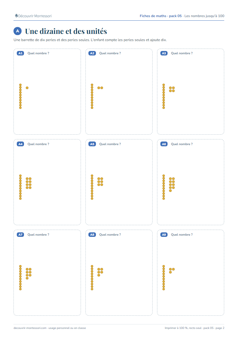 Une page du pack 05 : neuf cartes montrant une barrette de dix perles dorées et des perles seules, de 11 à 19