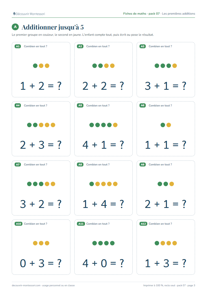 Une page du pack 07 : douze cartes d'additions jusqu'à 5, avec des jetons verts et jaunes