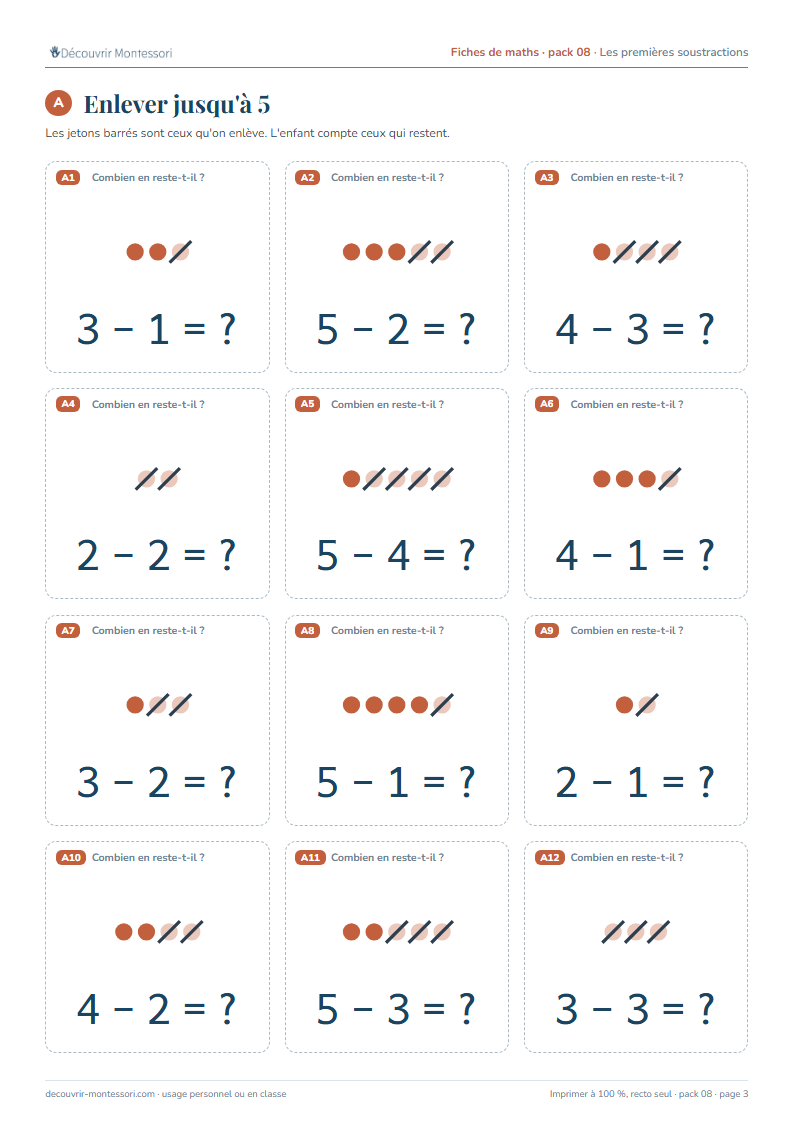 Une page du pack 08 : douze cartes de soustractions jusqu'à 5, avec des jetons barrés