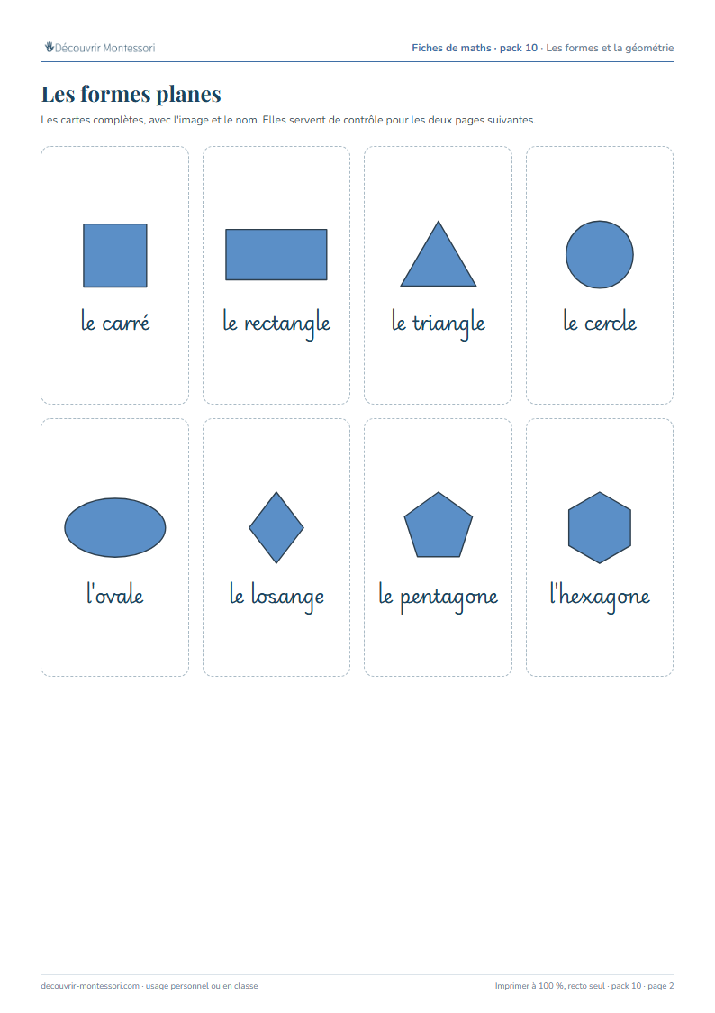 Une page du pack 10 : huit cartes de formes planes bleues avec leur nom en cursive, du carré à l'hexagone