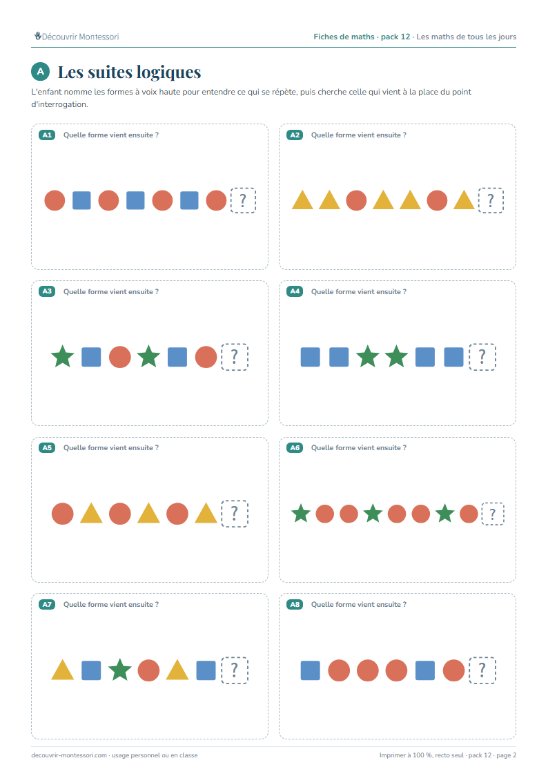 Une page du pack 12 : huit suites logiques de ronds, carrés, triangles et étoiles, avec un point d'interrogation à la fin