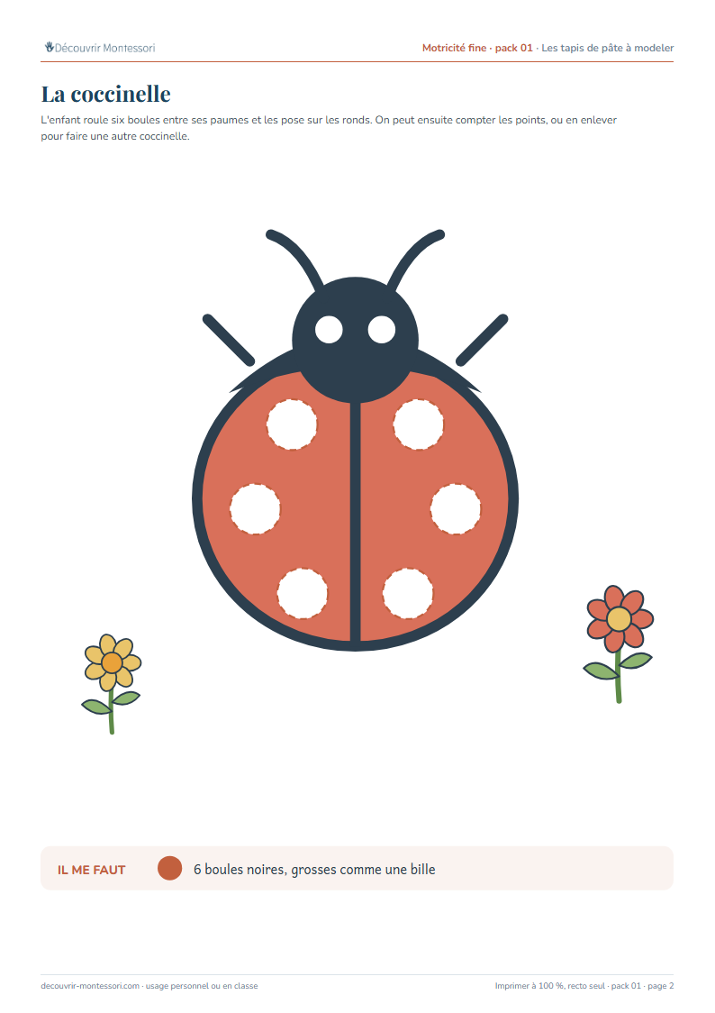 Le tapis de la coccinelle : six ronds en pointillés sur le dos, à remplir de boules de pâte à modeler