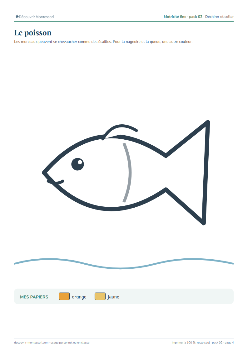 Le poisson au trait, à remplir de morceaux de papier orange et jaune