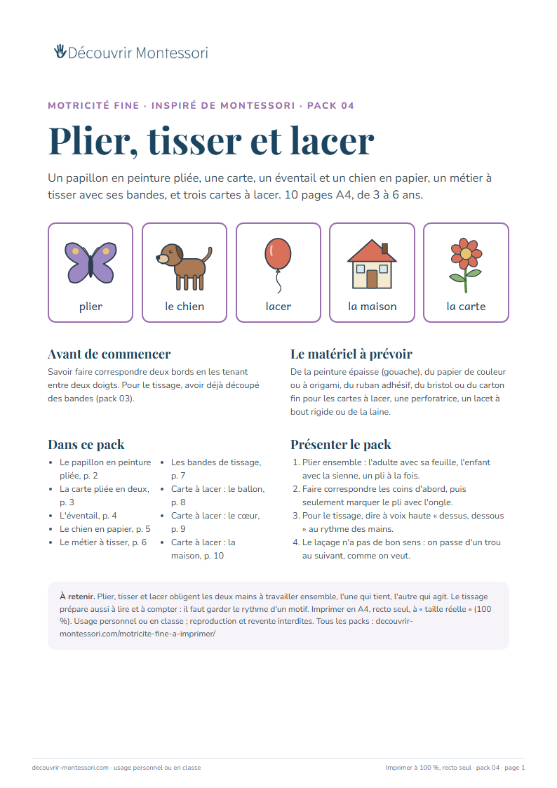 Première page du pack « Plier, tisser et lacer »