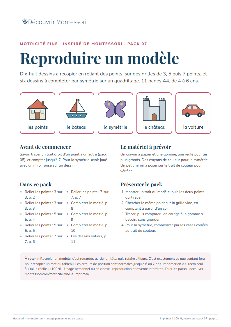 Première page du pack « Reproduire un modèle »