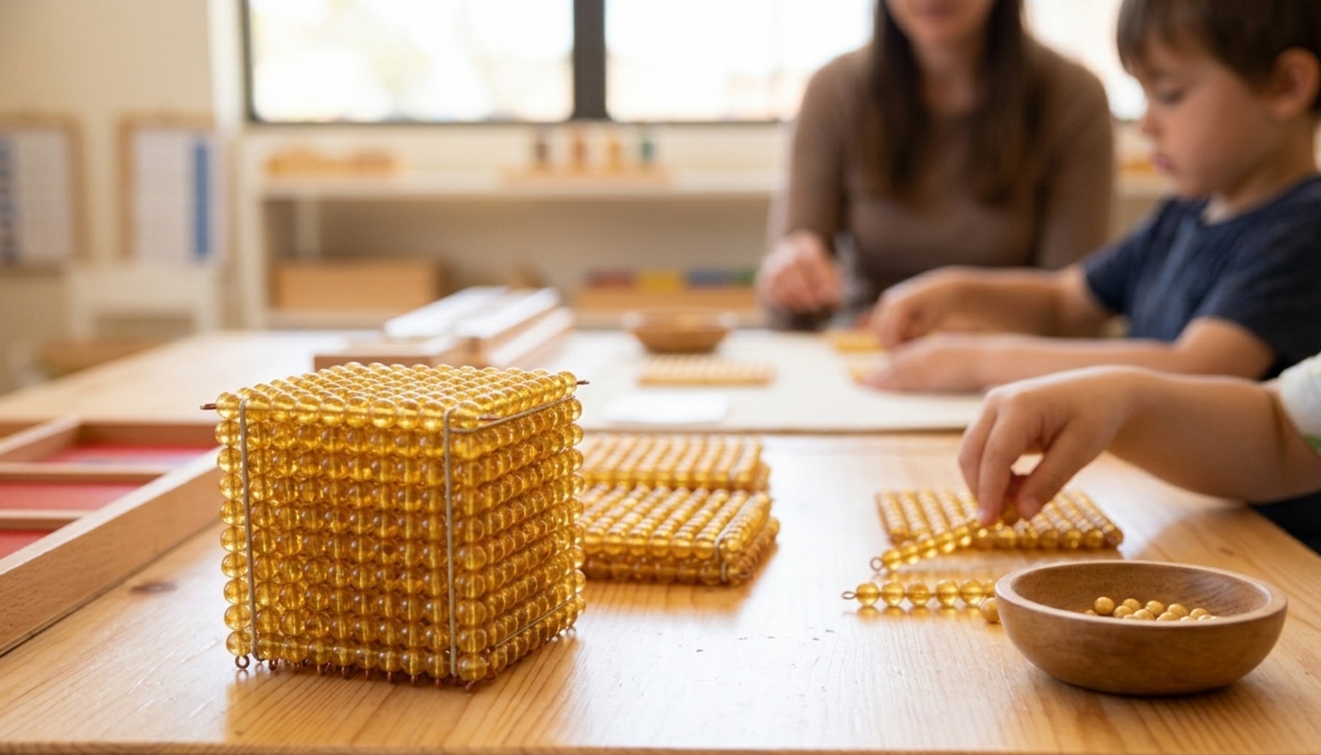 Les perles dorées Montessori : unité, dizaine, centaine, millier