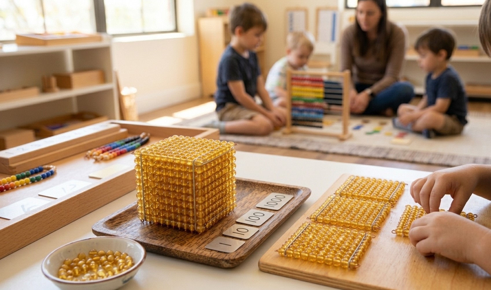 Perles dorées Montessori : barrettes de dizaines et cube de millier