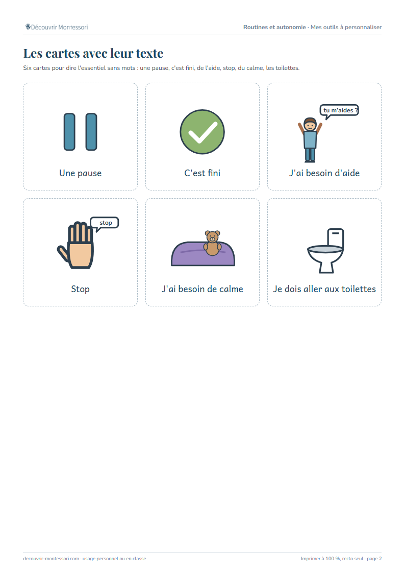 Les six cartes pour dire l'essentiel : pause, fini, aide, stop, calme, toilettes