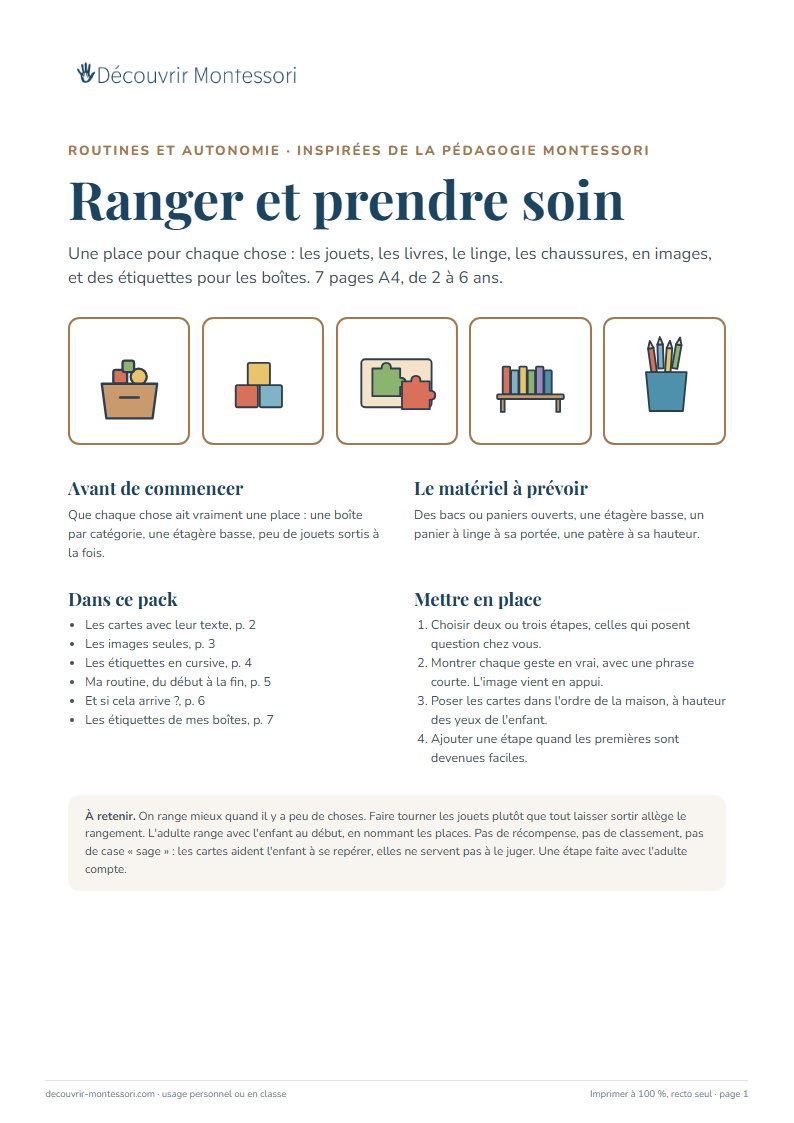Première page du pack « Ranger et prendre soin »