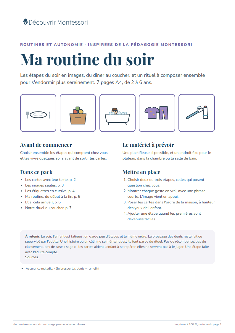 Première page du pack « Ma routine du soir »