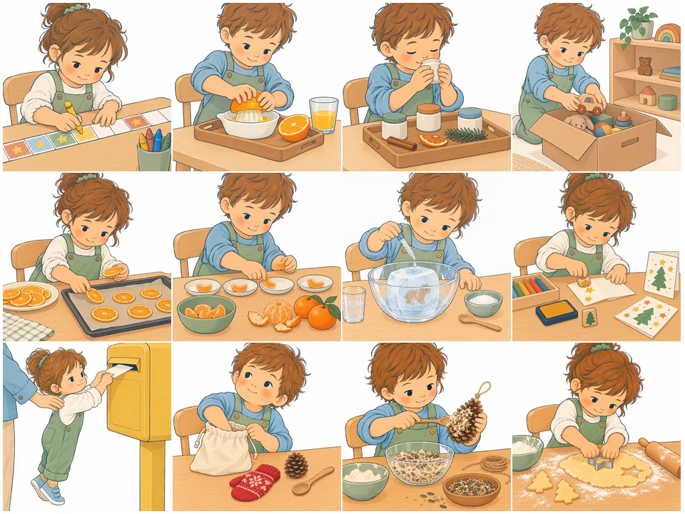 Douze des vingt-quatre illustrations du calendrier de l'Avent