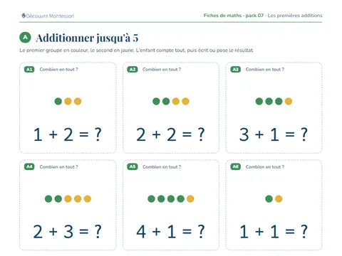 Une page d'exercices du pack de maths 07 « Les premières additions »