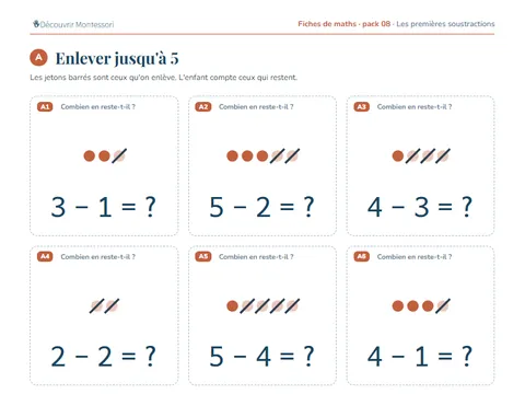 Une page d'exercices du pack de maths 08 « Les premières soustractions »