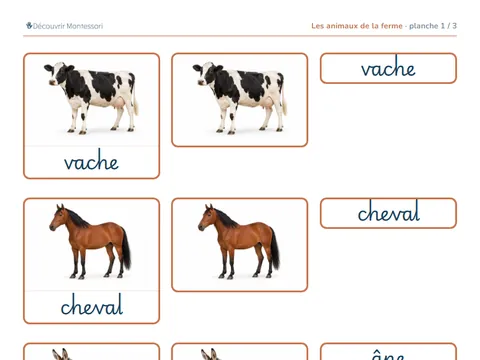 Une planche des cartes « Les animaux de la ferme », en cursive