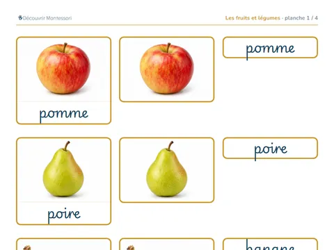 Une planche des cartes « Les fruits et légumes », en cursive