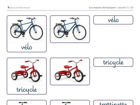 Une planche des cartes « Les moyens de transport », en cursive