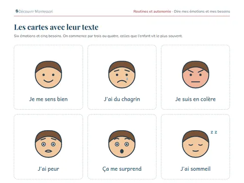 Une page de cartes du pack « Dire mes émotions et mes besoins »
