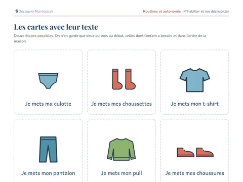 Une page de cartes du pack « M'habiller et me déshabiller »