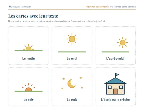 Une page de cartes du pack « Ma journée et ma semaine »