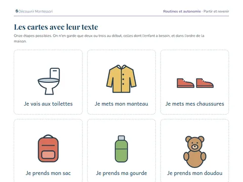Une page de cartes du pack « Partir et revenir »