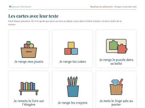 Une page de cartes du pack « Ranger et prendre soin »