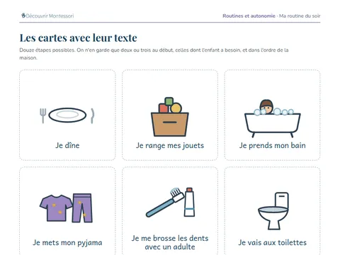 Une page de cartes du pack « Ma routine du soir »
